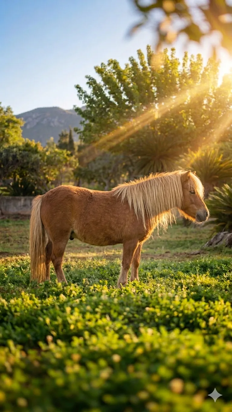 Poni dorado en paisaje mediterráneo al amanecer