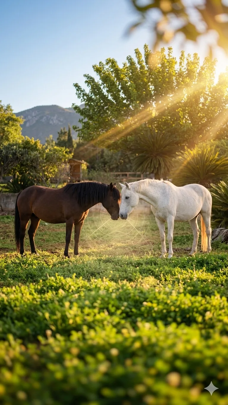 Dos caballos nuzzling al atardecer en el santuario